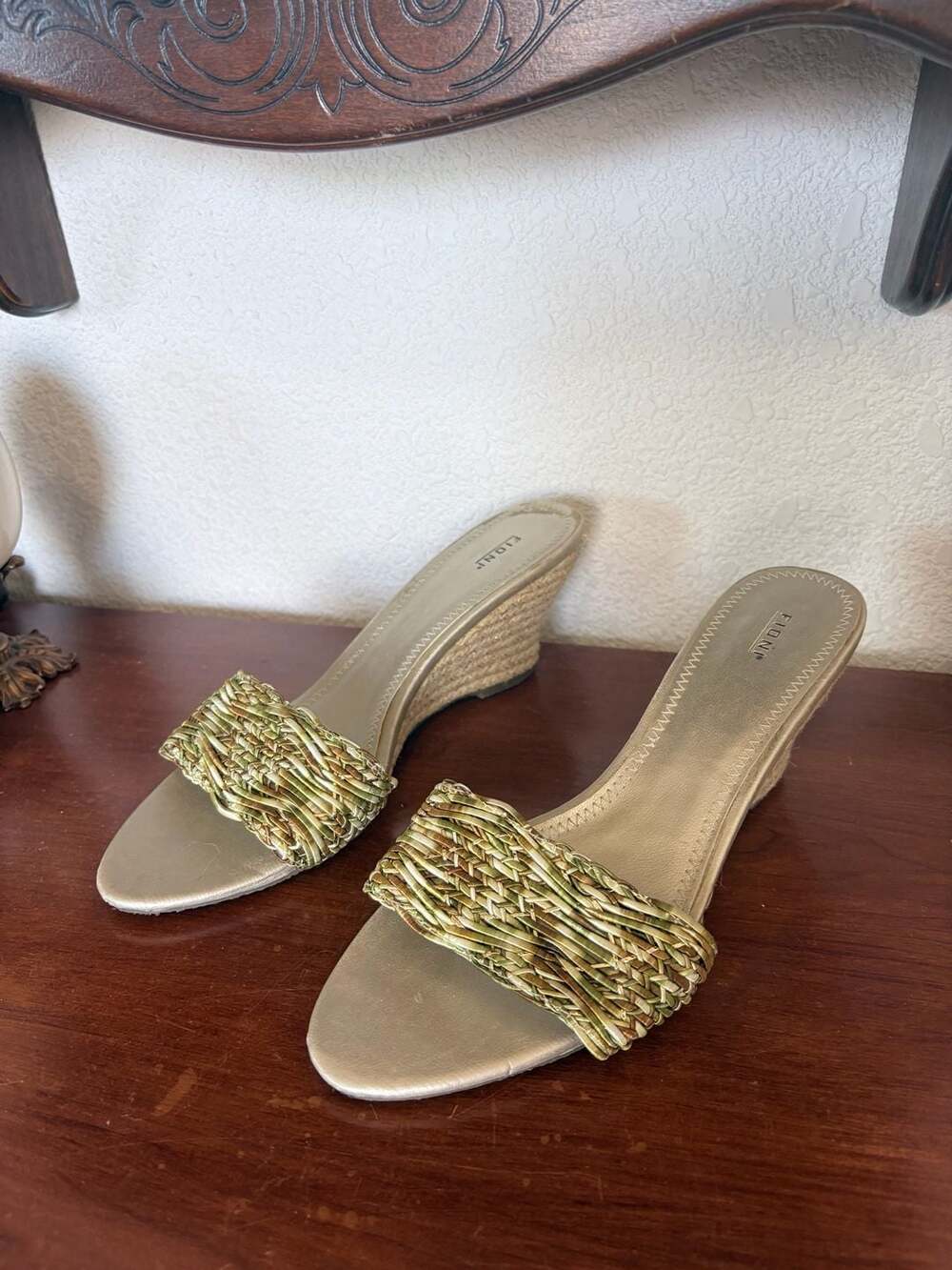 Fioni Gold Braided Wedge Sandals Mules